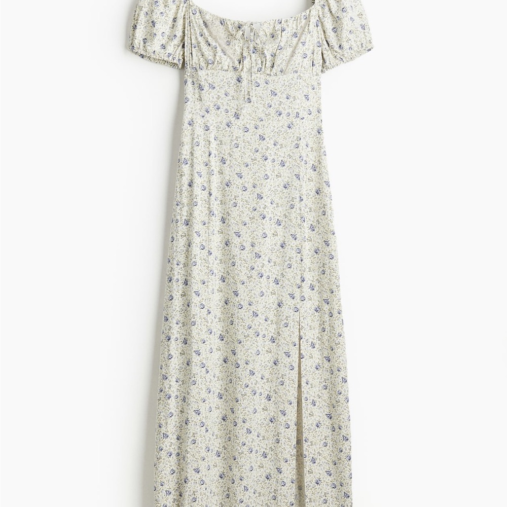 H&M Cream Maxi Dress with Puff Sleeves and Slit